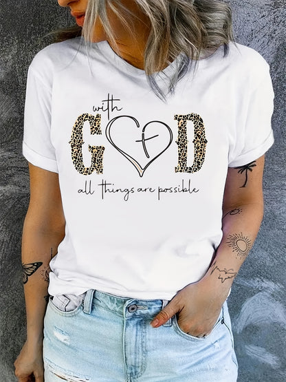 With God Print Summer Short Sleeve Crew Neck Casual Top