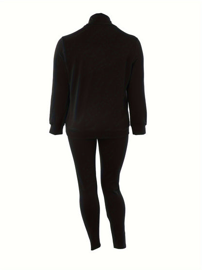 Plus Size Casual Outfit Set, Women's Plus, Solid Long Sleeve Half Zipper Sweatshirt & Ripped Pants, Outfits Two Piece Set