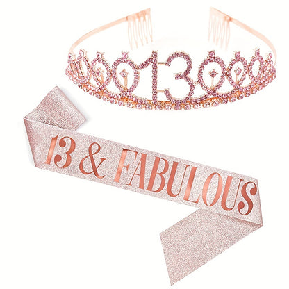 2pcs Birthday Party Accessories Set, 10/13/18/21/30/40/50/60/70/80 Years Old, Birthday Party Rhinestone Headband And Sasha