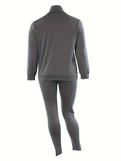 Plus Size Casual Outfit Set, Women's Plus, Solid Long Sleeve Half Zipper Sweatshirt & Ripped Pants, Outfits Two Piece Set