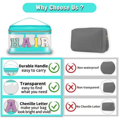Chenille Letter Clear Makeup Bags Hair Pouch, Preppy Patch Makeup Bag Zipper With Handle, Transparent PVC & Nylon Waterproof Glitter Cosmetic Handbag Travel Toiletry Storage Bag Valentine's Day Birthday Gift For Girls Women (HAIR-Green)
