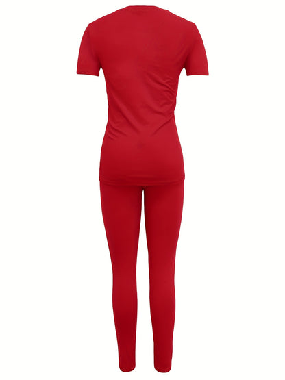 Crown & Letter Print Two-piece Set, Crew Neck Short Sleeve Top & Skinny Pants Outfits, Women's Clothing