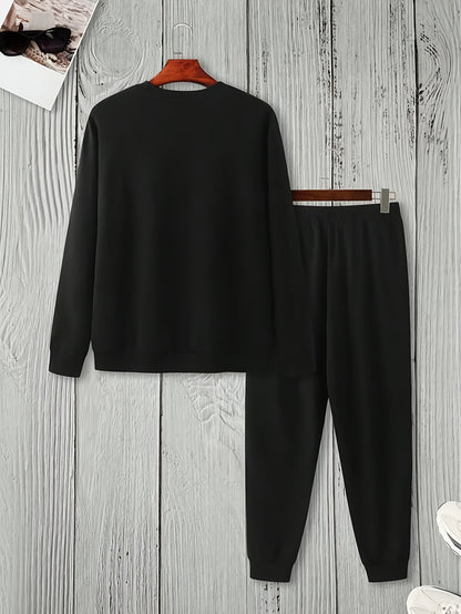 2pcs Men's King Crown Print Pullover Sweatshirt & Pants, Men's Clothing