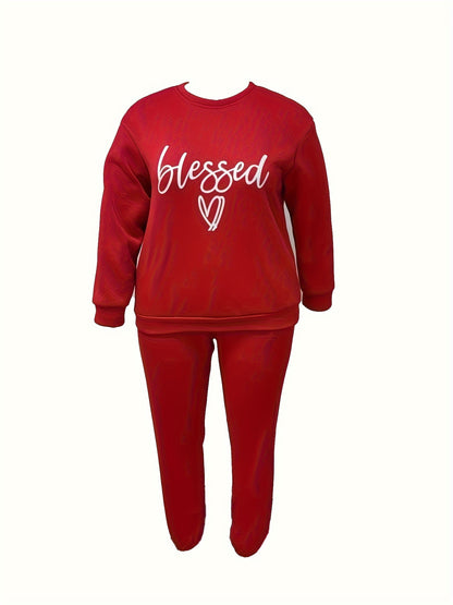 Size 14 - 22 Casual Outfits Set, Women's Plus Letter & Heart Print, Long Sleeve Round Neck Sweatshirt & Joggers, Outfits 2 Piece Set