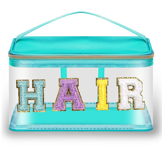 Chenille Letter Clear Makeup Bags Hair Pouch, Preppy Patch Makeup Bag Zipper With Handle, Transparent PVC & Nylon Waterproof Glitter Cosmetic Handbag Travel Toiletry Storage Bag Valentine's Day Birthday Gift For Girls Women (HAIR-Green)